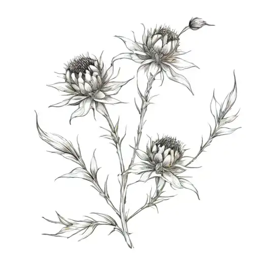 Create a dainty, narrow, fine-line tattoo in black ink, including scottish thistle and peonies, that runs on the spine tattoo design idea