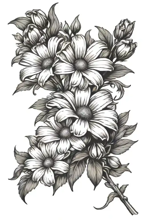 daisy and sweet pea flower arrangement with stem growing tattoo design idea