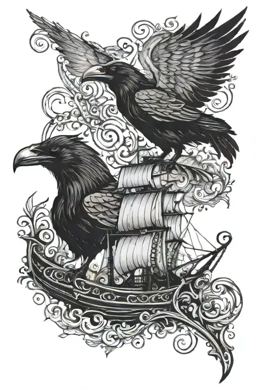 Two black ravens, one in full body at the top and the other in profile at the bottom, both with red eyes. A Viking ship  tattoo design idea