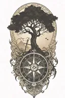 yggdrasil with dragon emerging with compass and ca simple campass design tattoo design idea