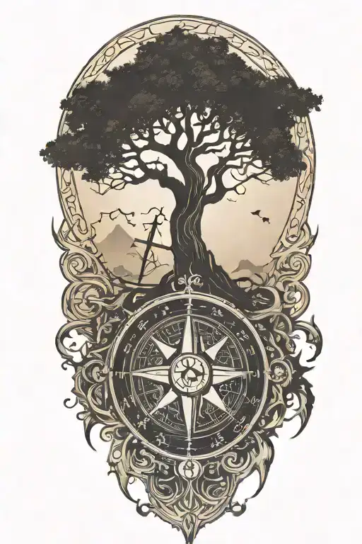yggdrasil with dragon emerging with compass and ca simple campass design tattoo design idea