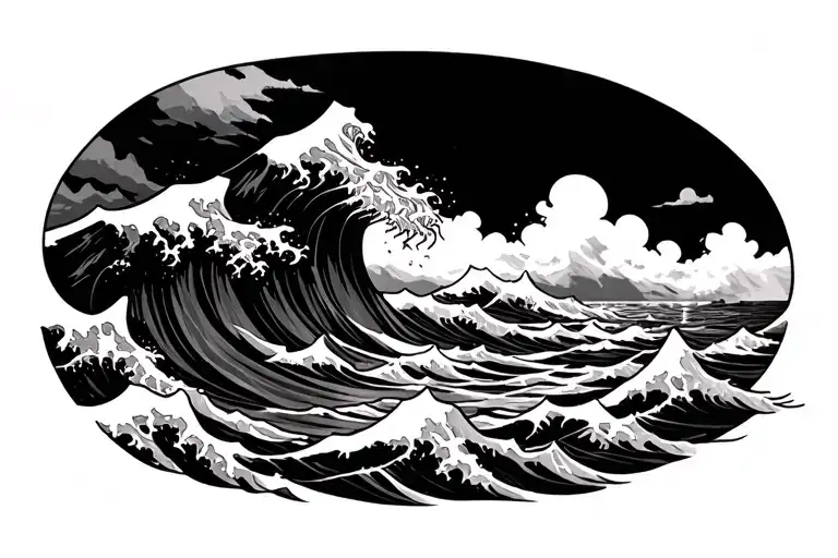 Arm band mountain and ocean wave made tattoo design idea
