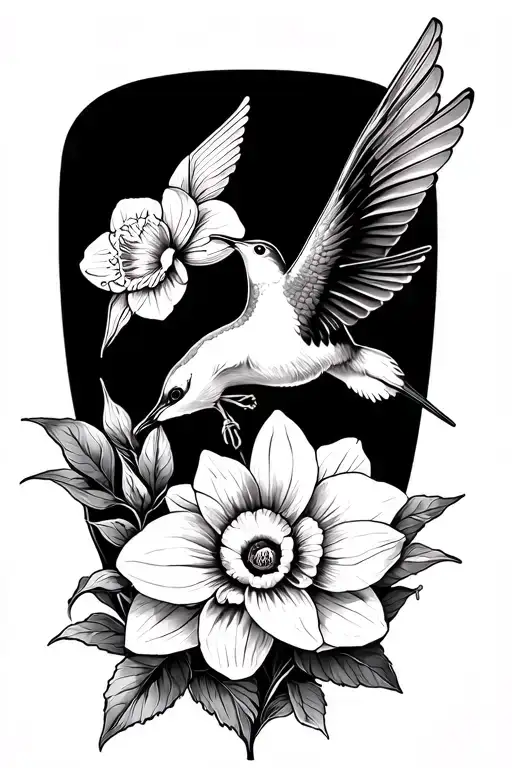 daffodil and humming bird with flowers wrapped around arm tattoo design idea