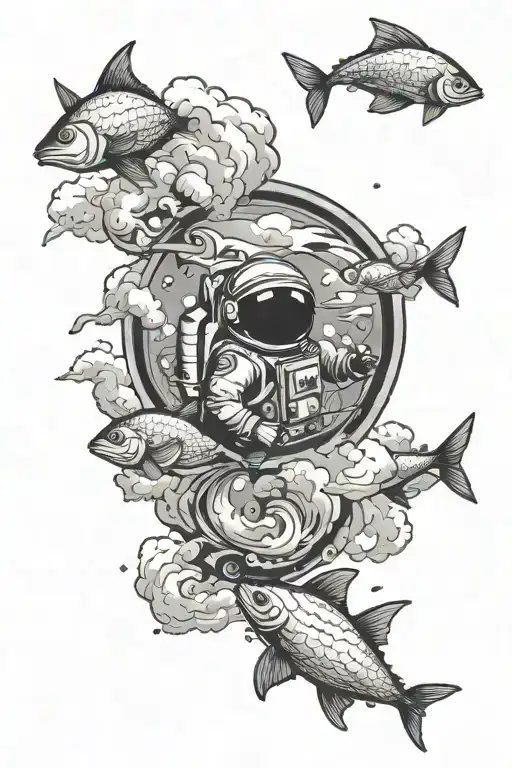half sleeve with main part being two fishes swimming in a circle, clouds, astronaut, mmix letters tattoo design idea
