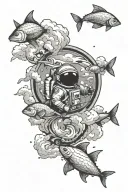 half sleeve with main part being two fishes swimming in a circle, clouds, astronaut, mmix letters tattoo design idea