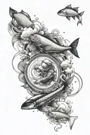 half sleeve with main part being two fishes swimming in a circle, clouds, astronaut, mmix letters tattoo design idea