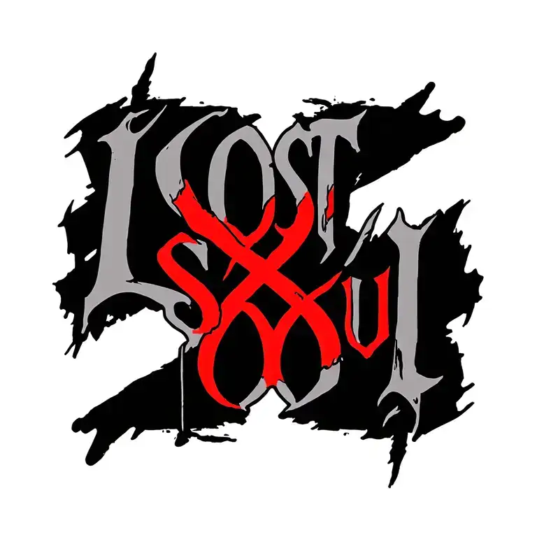 Lost Soul script with red X through text tattoo design idea
