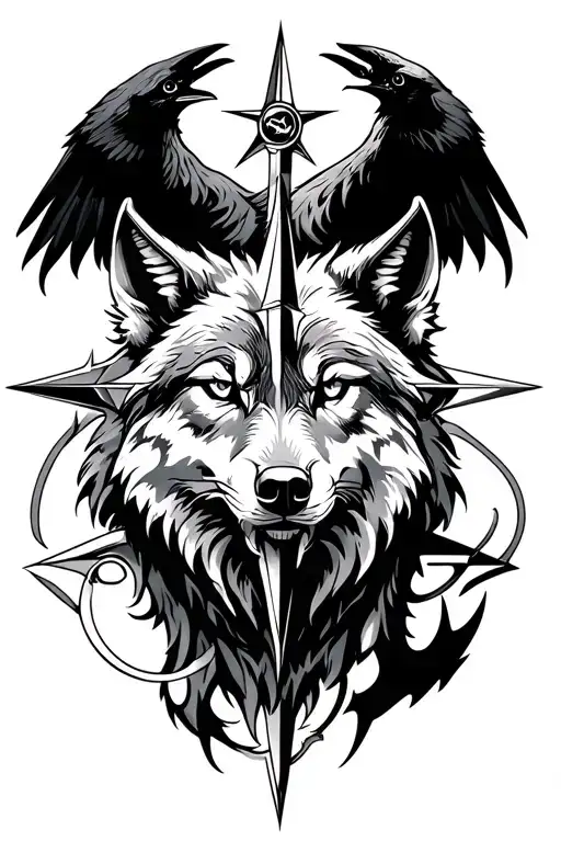 Wolf And Crow viking compass tattoo design idea