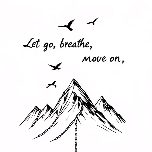 "Let go, Breathe, Move on" birds fly over a mountain peak and drop torn chains that were on them tattoo design idea