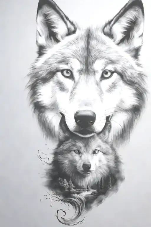 wolf cub, moon, forest, river, adult wolf, smoke rising tattoo design idea