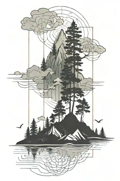 long calf tattoo mountains trees ocean  tattoo design idea