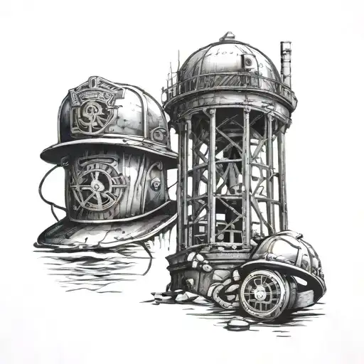 an old water tower as a main piece and 2 wedding rings that have been ripped apart and an old new york fire helmet tattoo design idea