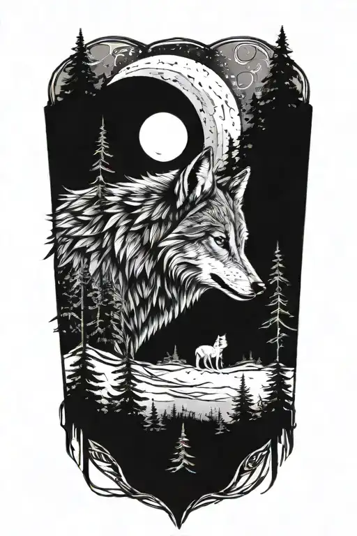 wolf transition from cub to adult in moon shining forest tattoo design idea