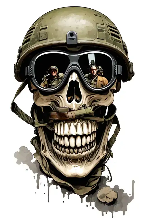 skull wearing a vietnam era kevlar helmet, goggles over eyes, with a reflection of a scary warzone in front them tattoo design idea