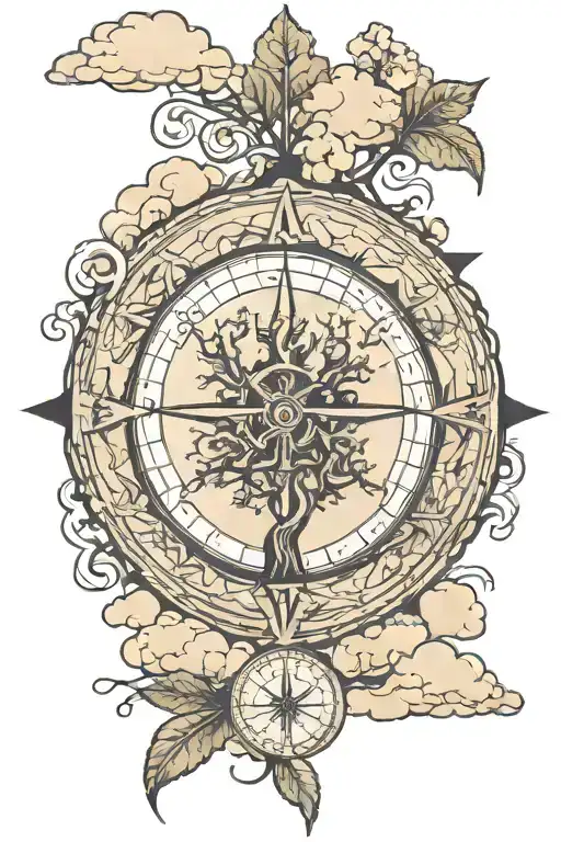clouds surrounding trees compass infinity symbol  tattoo design idea