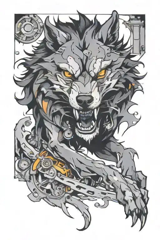 mechanical wolf running alongside tattoo design idea