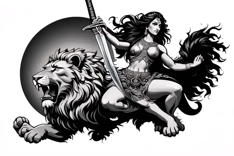 Persian Woman holdin sword Riding Lion with Sun behind Lion roaring looking fierce tattoo design idea