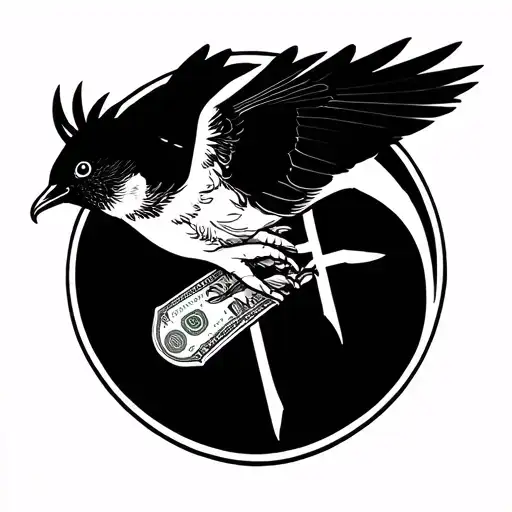 neck tattoo with bird cross and money tattoo design idea