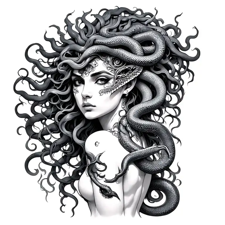 medusa goddess with oni mask, snakes hair left side of the back tattoo design idea