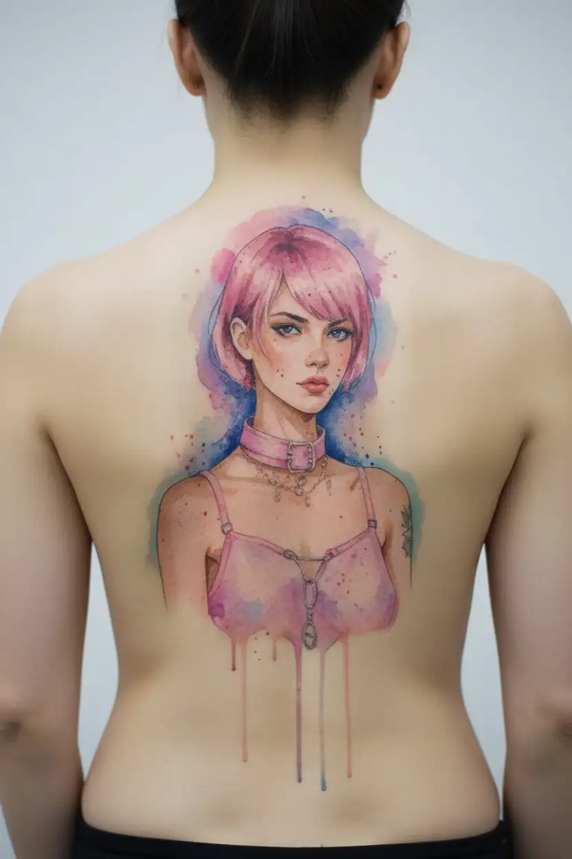 sissy slave pink leather collar-with-chain-leash pixie-cut brown hair blue eyes flat chest tattoo design idea