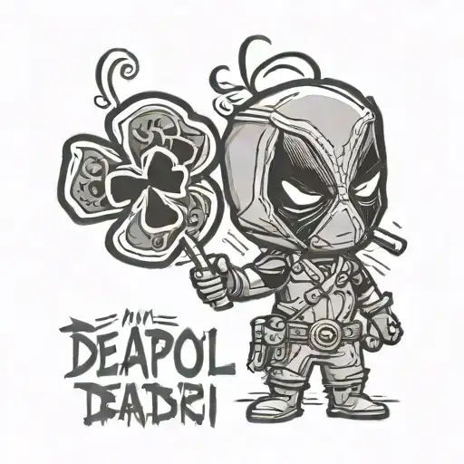 mini Deadpool holds a black four-leaf clover in his hand, and in the other the inscription "esse quam videri" tattoo design idea