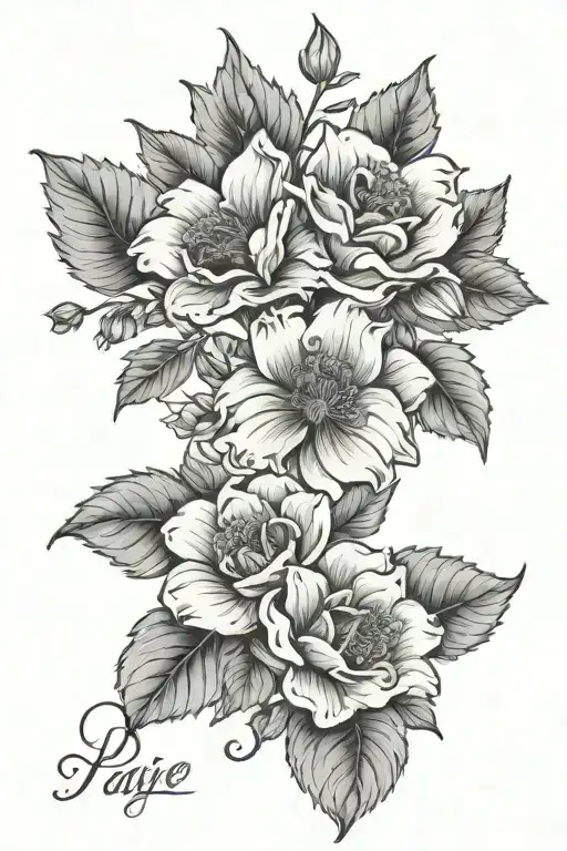 May and October birth flower intertwined with the names Paige, Keylie and Scott written in the stem of the flowers  tattoo design idea