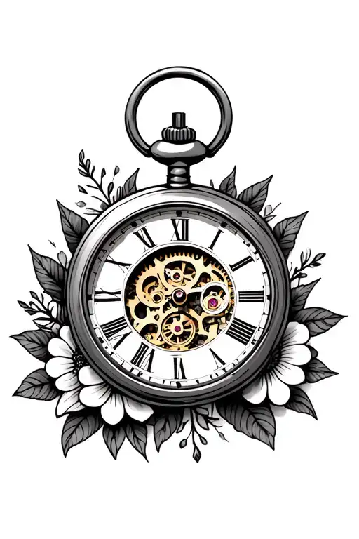 pocket watch with gears inside the middle with flowers around it tattoo design idea