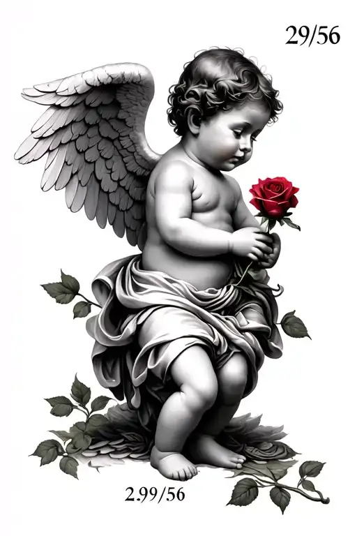 Below that a baby angel holding a rose looking above. Below the baby's feet will read the date 2/9/56 in roman numerals. tattoo design idea