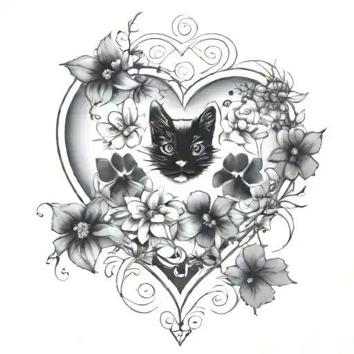 forget me not flower heart surrounding five cat paw prints wit the names Pippa Dinx Morris Minnie Sid underneath  tattoo design idea