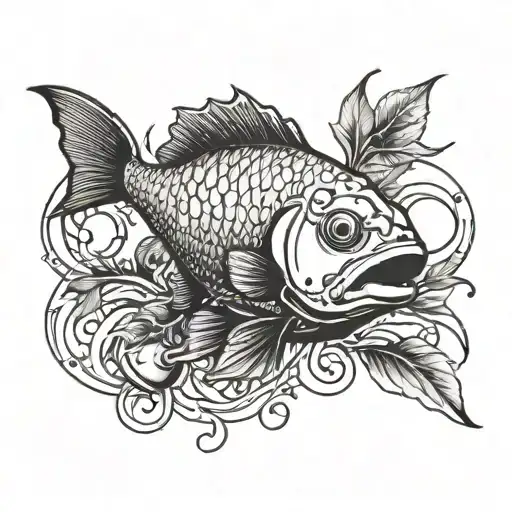 A blackwork tattoo of a fish wearing headphones and smoking a joint, reflecting your interests in fish keeping, rock music, and weed tattoo design idea