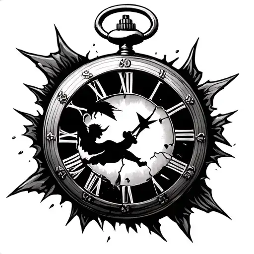peter pan flying in front of a broken pocket watch the hands should be on 2 and 8 tattoo design idea