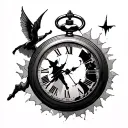 peter pan flying in front of a broken pocket watch the hands should be on 2 and 8 tattoo design idea