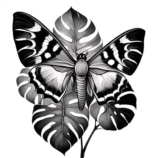 Monstera surrounding a gypsy moth tattoo design idea
