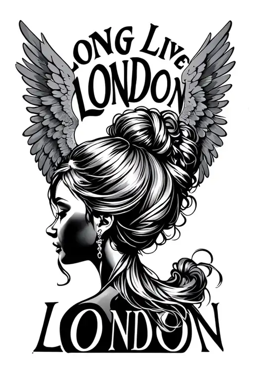 "Long Live London" silhouette of the back of a woman with thick ponytail and angel wings fine line tattoo tattoo design idea
