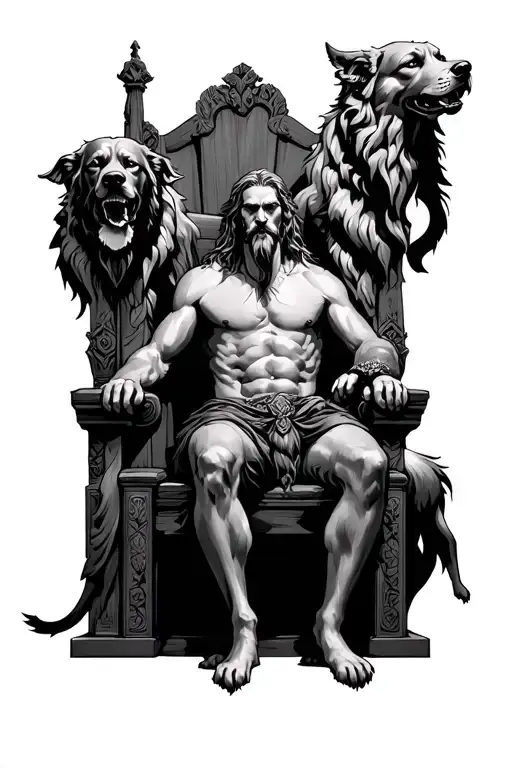 Hades sitting on a throne with 3 headed dog Cerberus  tattoo design idea