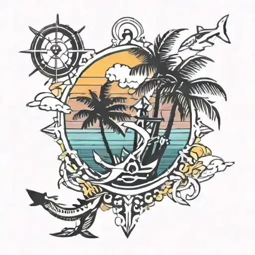 Palm Tree, anchor, sun setting, shark   tattoo design idea