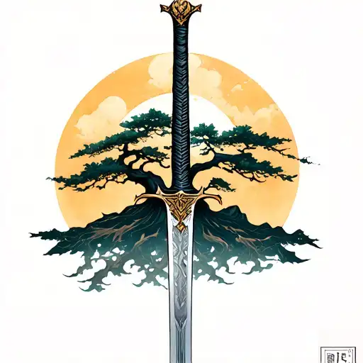 Give me a tattoo design for the forearm to be Aragorn's sword and grow from the top of his Gandor tree tattoo design idea
