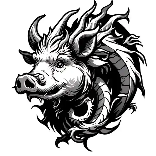 "24.02.19 03.01.22 27.07.24" Pig ox and dragon energetic tattoo design idea