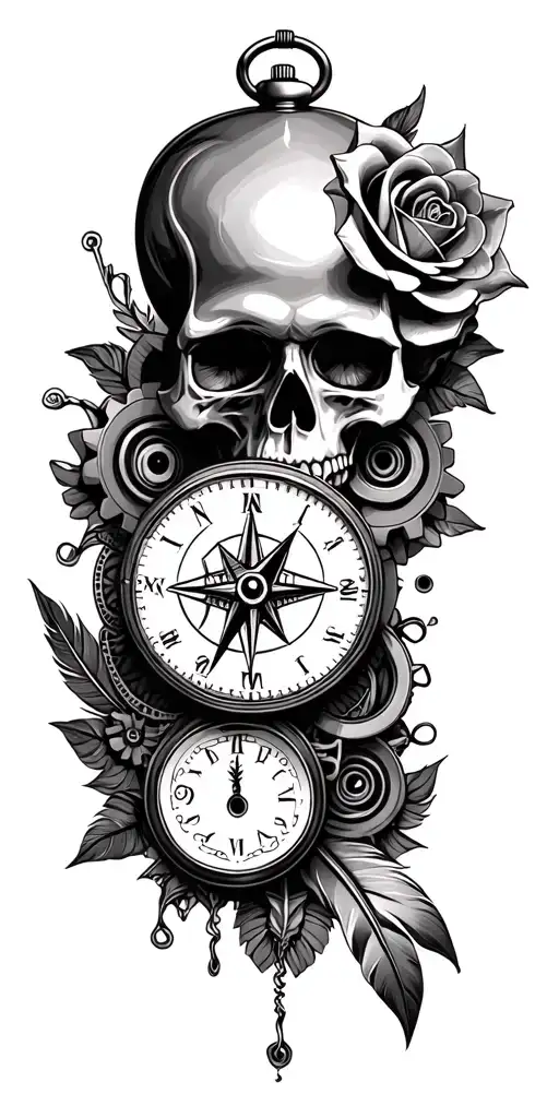 third eye, skull, compass, pocket watch surrounded by gears, rose, feather tattoo design idea