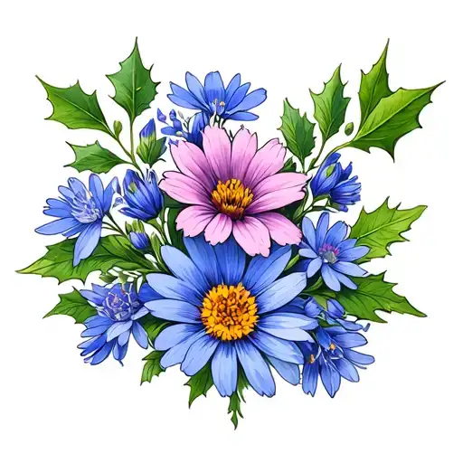 larkspur, aster, cosmos, holly flowers tattoo design idea