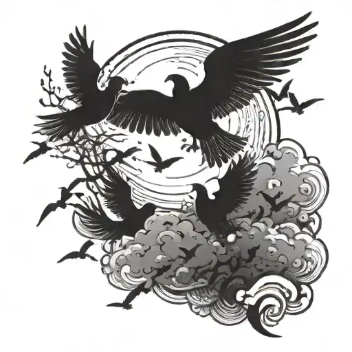 A celestial scene with angels flying amongst a flock of birds in the clouds with the sun shining brightly in the background tattoo design idea