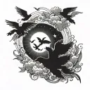 A celestial scene with angels flying amongst a flock of birds in the clouds with the sun shining brightly in the background tattoo design idea