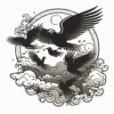 A celestial scene with angels flying amongst a flock of birds in the clouds with the sun shining brightly in the background tattoo design idea