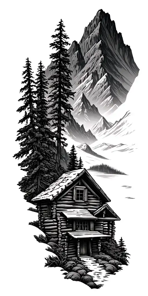 A mountain landscape incorporating a nestled log cabin tattoo design idea