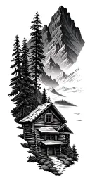 A mountain landscape incorporating a nestled log cabin tattoo design idea