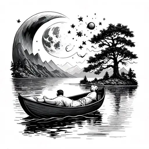 man lying on a boat floating down a curved river with moon, stars, tree and mountains around symbolizing life tattoo design idea