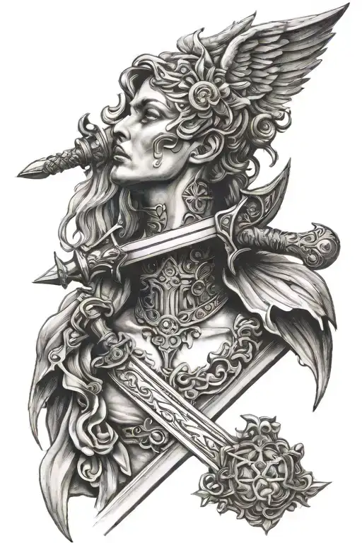 neck Angel tattoo with sword tattoo tattoo design idea