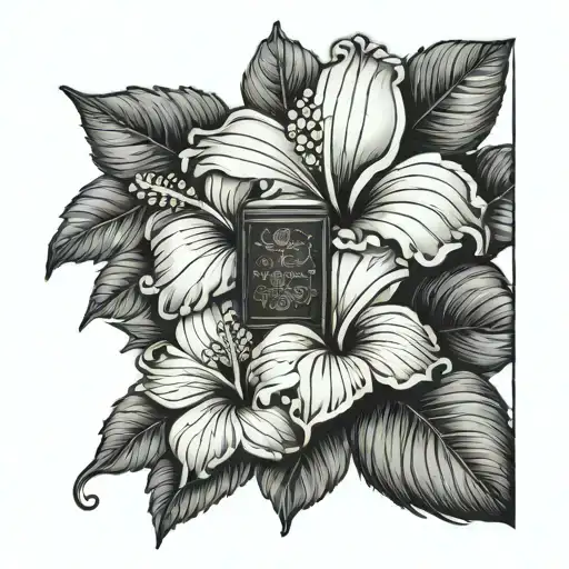 bible scripture surrounded by hibiscus flowers tattoo design idea