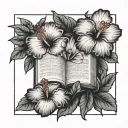 bible scripture surrounded by hibiscus flowers tattoo design idea