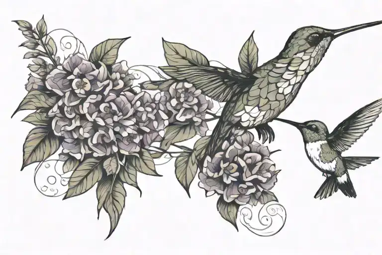 hummingbird with a butterfly bush as vines hanging tattoo design idea